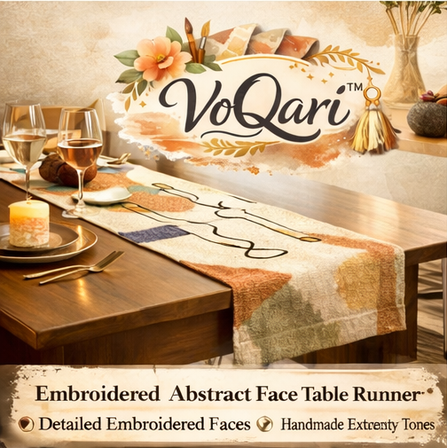VoQari™ Embroidered Abstract Face Table Runner – Handmade Style Decorative Dining Table Cover